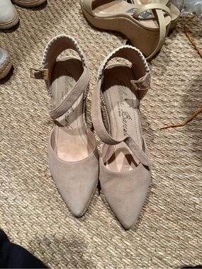 Paloma Barceló Taupe Suede Pointed-Toe Ankle-Strap Heels
